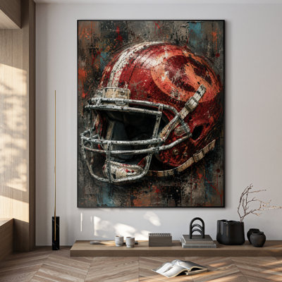 Très grand imprimé mural d'art sur tissu - Gros plan d'un casque de football américain rouge grunge avec équipement de sport vieilli et énergie urbaine de style rue pour le salon ou la chambre à coucher - «Assemblage requis du cadre (cadre non fini)»