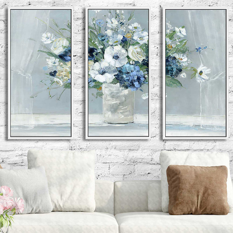 Be Happy Blue - 3 pièces, peinture sur toile à cadre flottant, L 52,5 po x H 33,5 po
