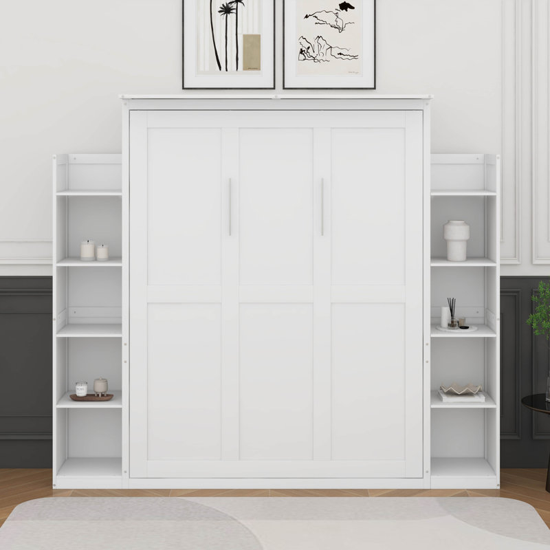 Grand lit escamotable avec tablettes et DEL, Blanc
