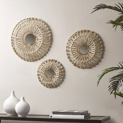 Décoration murale en fibre naturelle et miroir 3 - Objets décoratifs pour la maison 20,5 po, 17,25 po, 13,25 po de diamètre, conception, accent et installation tissés
