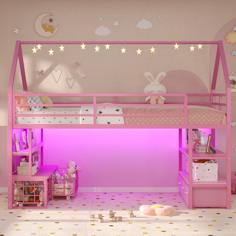 Low Loft Bed Twin Size With 5 Storage Drawers & Bookcase,Twin Loft Bed With Led Lights, Open Storage Shelves, Metal Loft Bed With 13.4In Guardrail,Under-Bed Play Space,House Shape