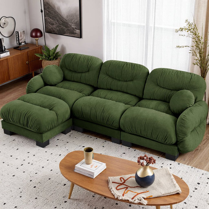 Pleated Chenille Fabric 3-Seater Modular Sofa, L-Shape Sectional Couch with Ottoman, High-Density Cloud Foam Seat, Curved Round Armrests & 2 Round Throw Pillows