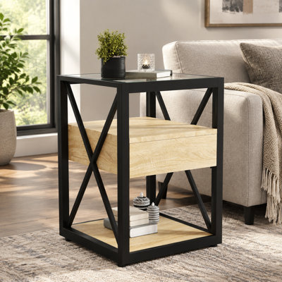 Table d'appoint moderne avec tiroir et plateau en verre trempé