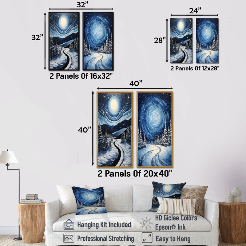 «Frosty Pathway Road Into Winter's Embrace I - Winter Road», ensemble de 2 reproductions d'art mural, Cadre flottant noir