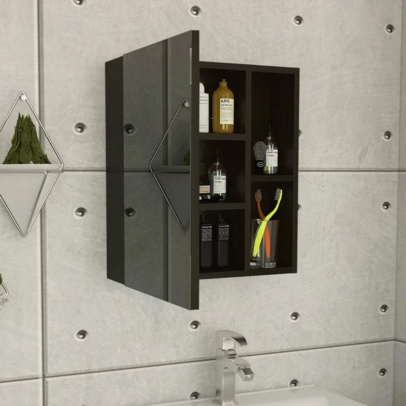 Pharmacie avec miroir, cinq tablettes internes, porte simple, Noir