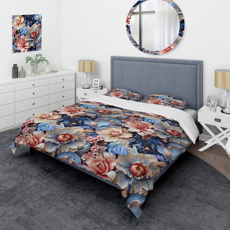 Ensemble de housse de couette à motif floral évasion méditerranéenne bleue, Housse de couette simple + 1 taie décorative stan