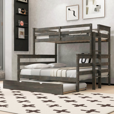 Lit superposé double XL en bois avec lit gigogne et échelle, pouvant être séparé en 3 lits