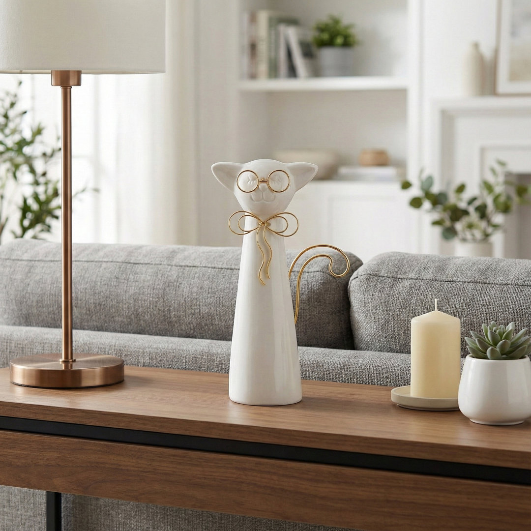 Jacomine Modern Stoneware and Ceramic Cat Figurine with Gold Wire Accents - Elegant Decorative Sculpture Trinx 