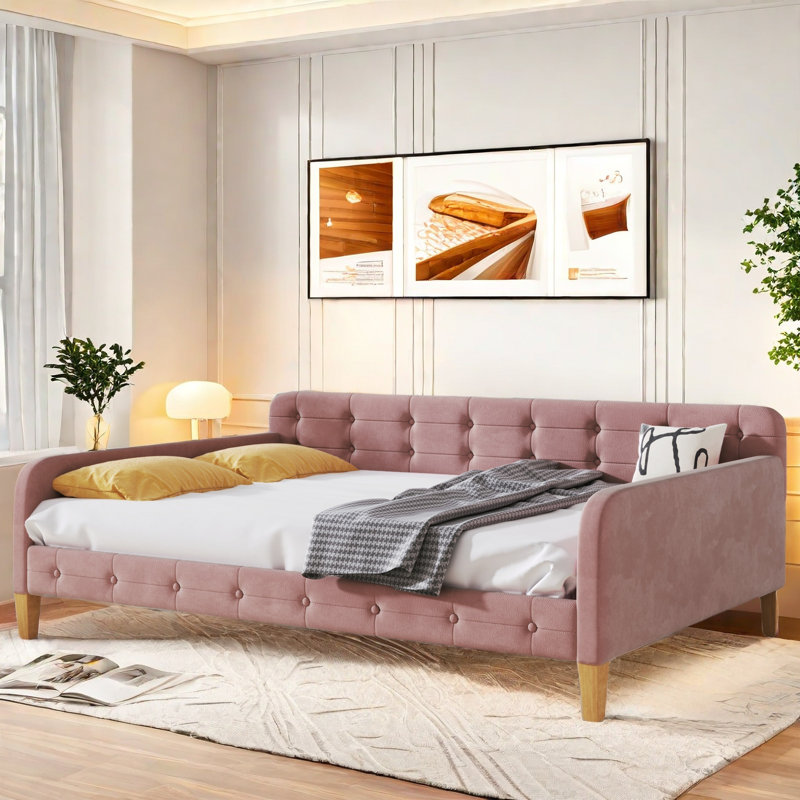 Lit de jour rembourré avec 4 pieds Lish, Complet/Double, Rose