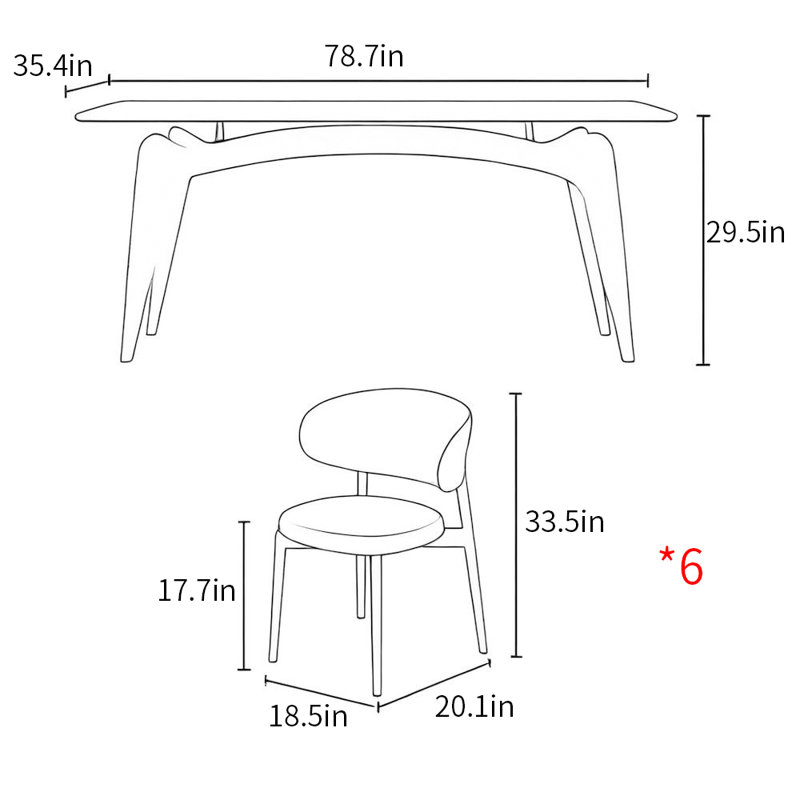Modern minimalism rectangle dining table set, 29.5"H x 78.7"L x 35.4"W