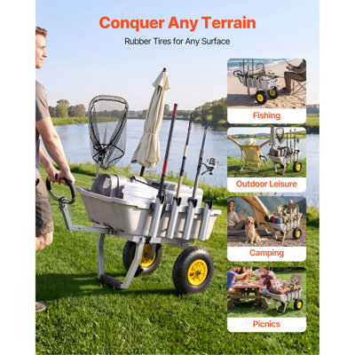 Beach Fishing Cart, 200 lbs Load Capacity, Fishing Cart with Poly Bed, Heavy-Duty Aluminum Alloy Frame, 13-Inch All-Terrain Tires, 8 Rod Holders, Strap, Easy to Clean, for Outdoor Camping Picnic