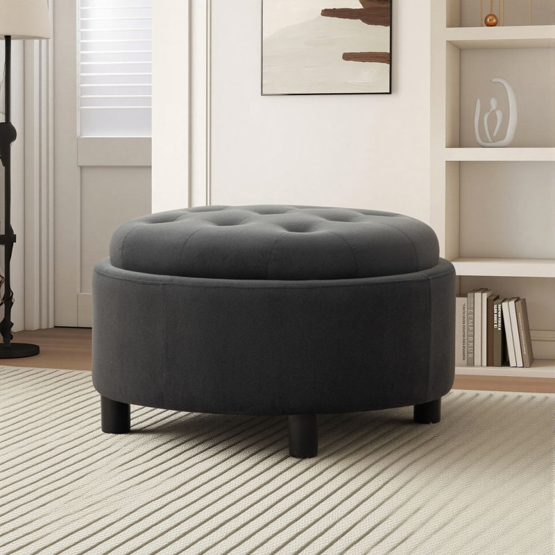 Upholstered Button Tufted Round Storage Ottoman With Reversible Lid, Gray