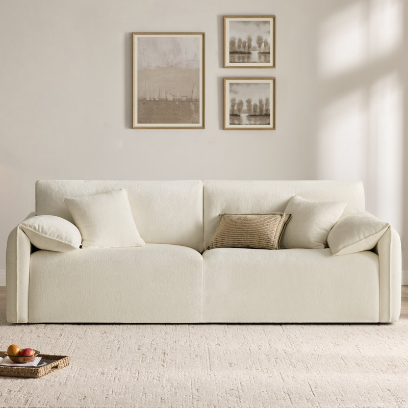 Bodhild 94.8" Feather-Filled Modular Chenille Sofa with Flip-Up Arm Pillows, Cream