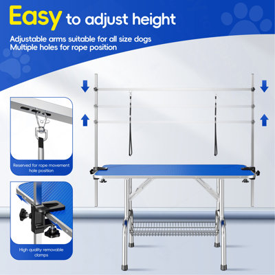 Grande table de toilettage pour chien et chat avec bras et pinces réglables Grande table de toilettage robuste pour animaux, 46 po / bleu