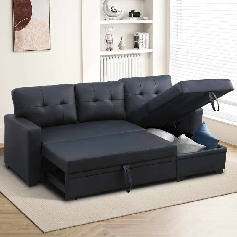 82-inch Sleeper Sofa, Upholstered Pull Out Sectional Sofa with Storage Chaise, L-Shaped Corner Reversible Sleeper Sectional Sofa