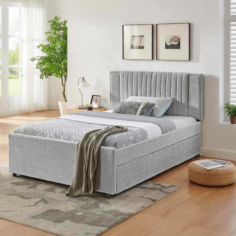 Lit double tapissier avec tiroirs de rangement et lit gigogne escamotable, Grey