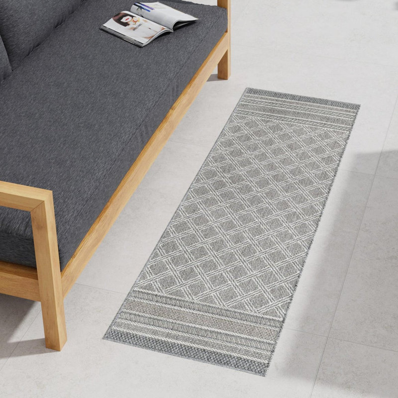 Gray Geometric Flat Woven Outdoor Runner Rug
