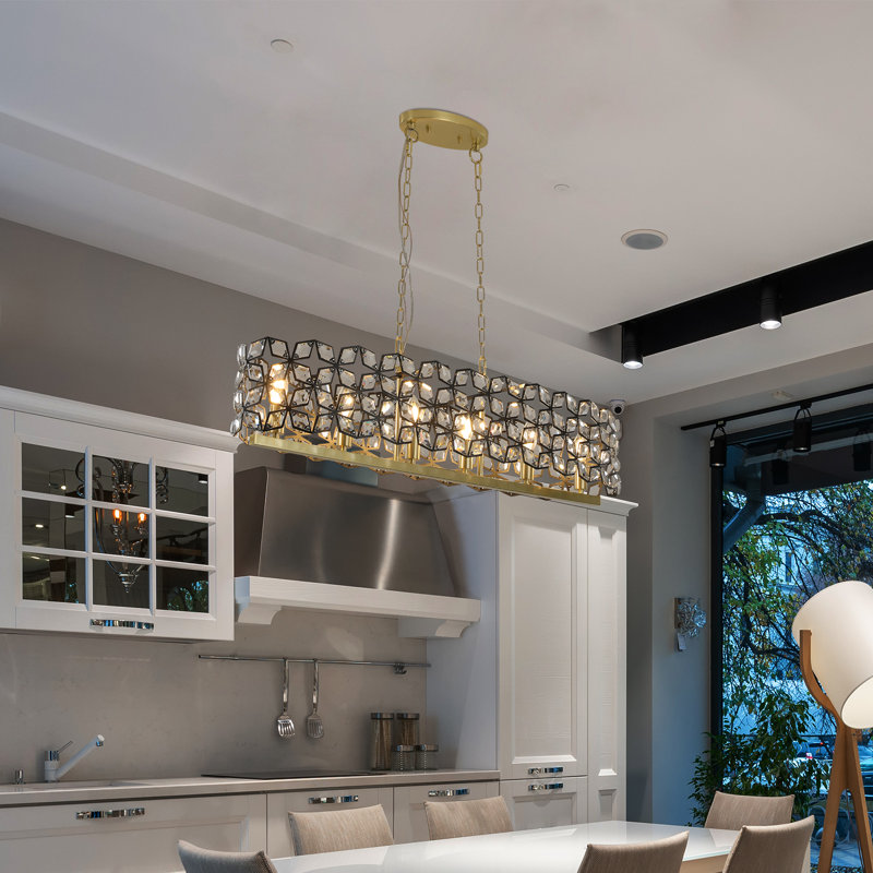 Lustre moderne avec abat-jour en cristal, cadre noir et or brossé, Six lumières