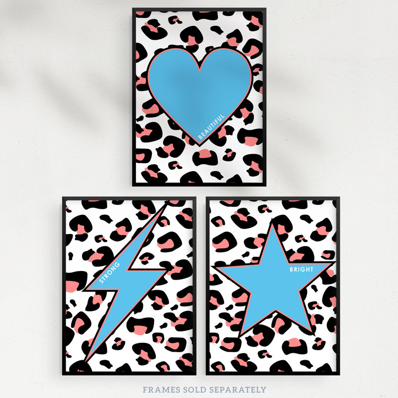 Leopard Pattern Motivational Beautiful Strong Bright Heart Star - 3 Piece No Frame Print Set, 29.7cm H x 21cm W x 0.4cm D