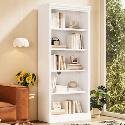 83.4" Tall White Solid Wood Bookshelf With Led Lighting, Adjustable Shelves, And - Dump Feature For Office 5 Tier Modern Bookcase Strip, Stable Storage Study