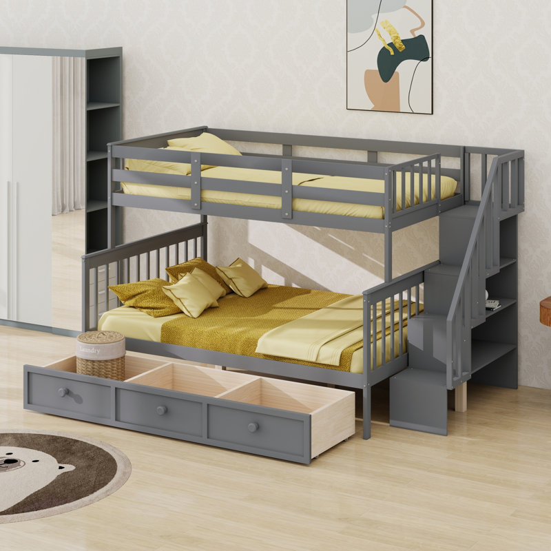 Stairway  Bunk Bed With Drawer, Storage And Guard Rail For Bedroom, Dorm, For Adults, Gray