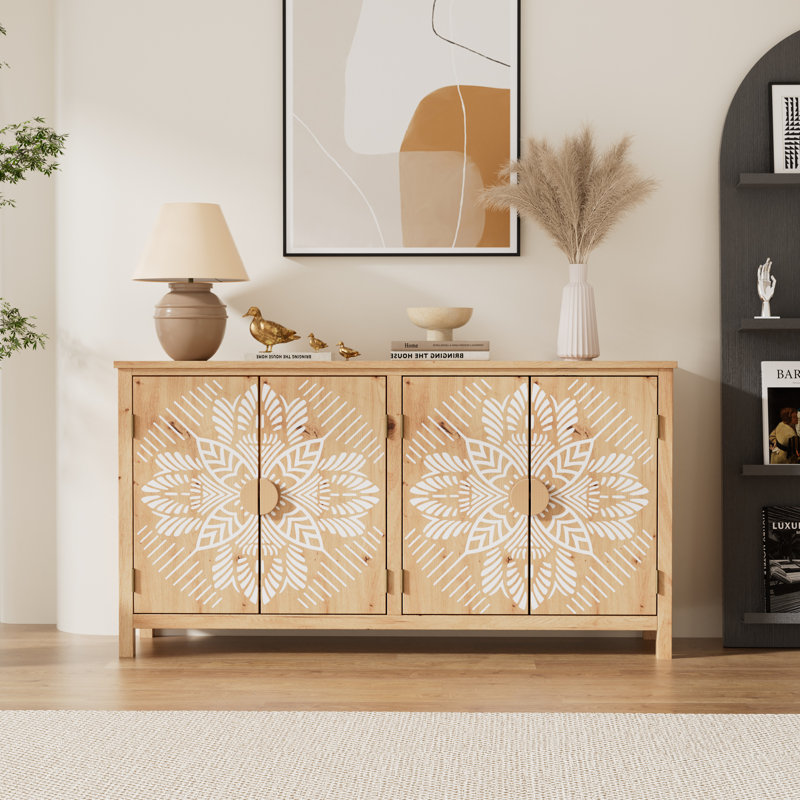 60in Antique Accent Cabinet, 4-Door MDF Wood Compact Multi-Room Storage for Entryway, Living Room, Bedroom, Dining Room, Brown