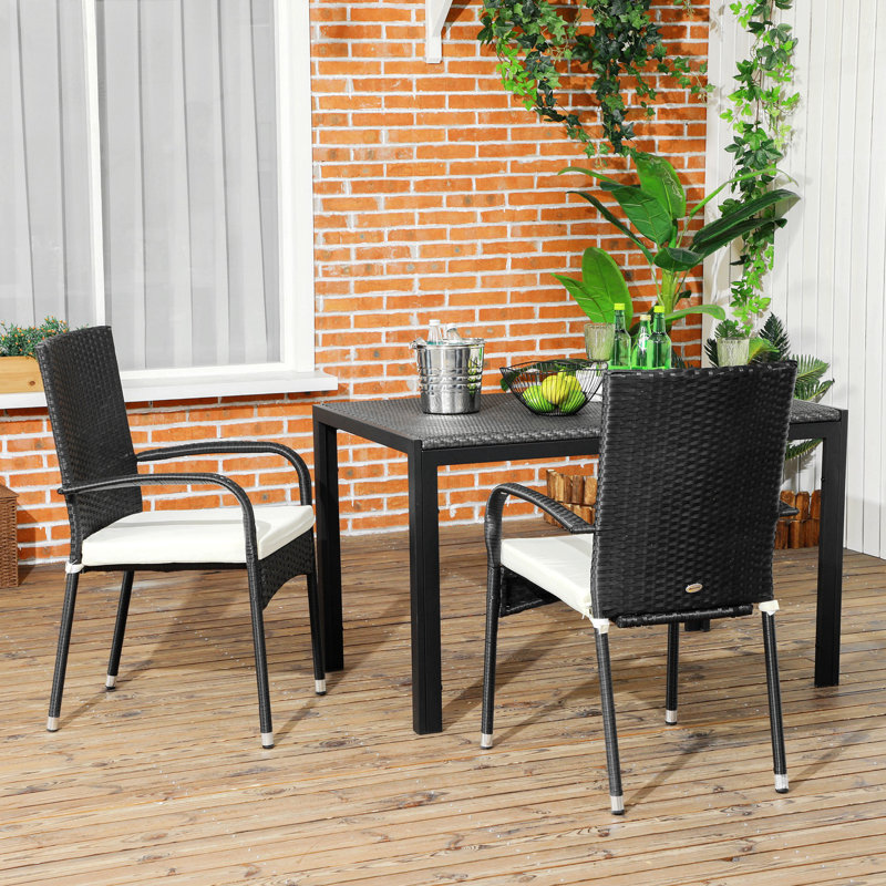 Chaises de salle à manger d'extérieur en rotin PE avec coussins Outsunny, ensemble de 2 chaises de patio en osier avec accoudoirs et dossier