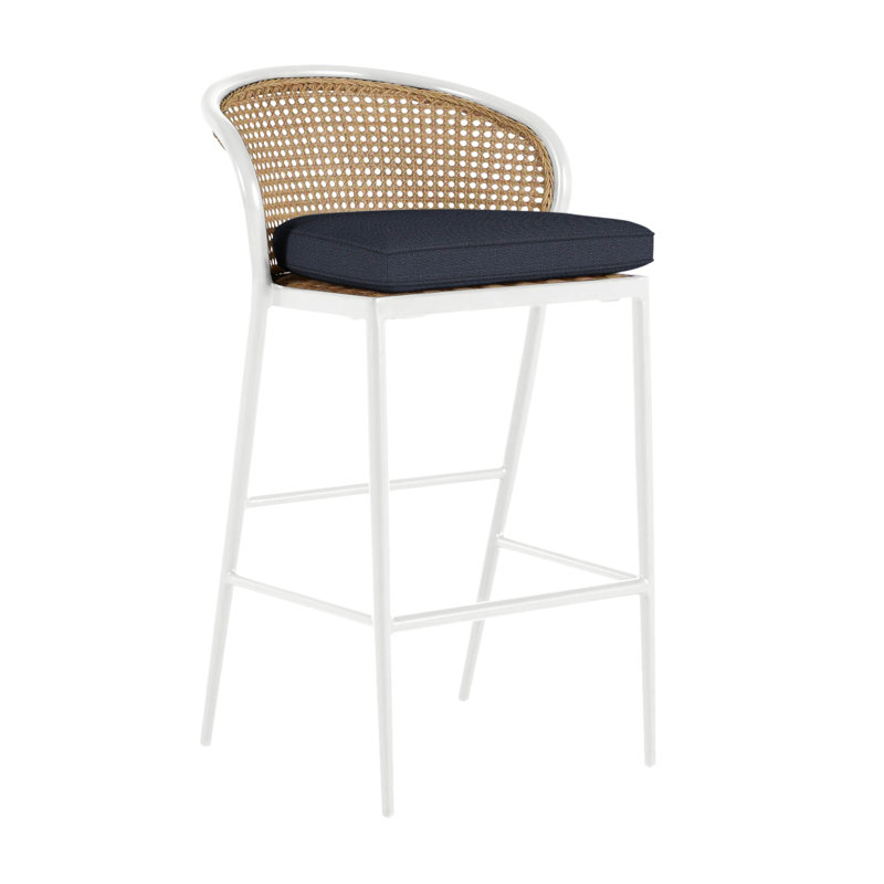 Havana 29.75" Patio Bar Stool with Cushion, Welt, Chalk/Natural Cane, Intermix Indigo
