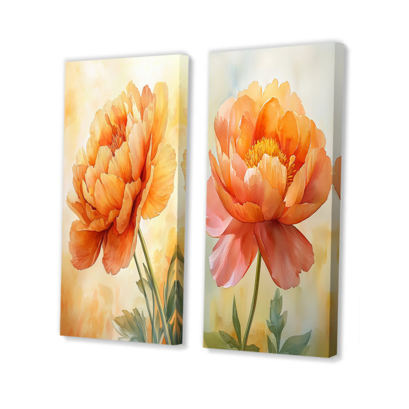 Pivoine ensoleillée Eelegance I - Collection d'art floral sur toile 2 pièces, H 28 po x l 25 po, Toile tendue