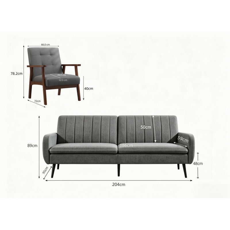 Modern Upholstered Living Room Set With Wooden Armrests & Convertible Backrest, Light Grey, 3 Pcs: Sofa, 2 Chairs