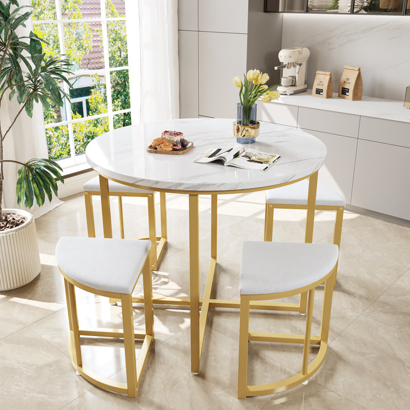 Aarianna 4 - Person Dining Set, White/Gold
