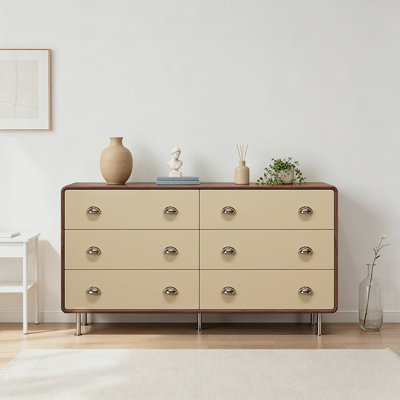 Armoire décorative moderne en bois manufacturé abricot crémeux + brun noisette + argent + acier inoxydable
