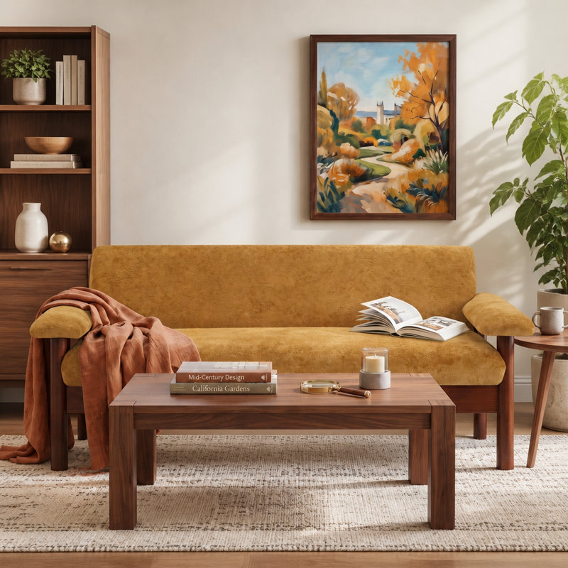 Canapé moderne en chenille avec accoudoirs coussinés et pieds en bois d'hévéa, Chenille jaune
