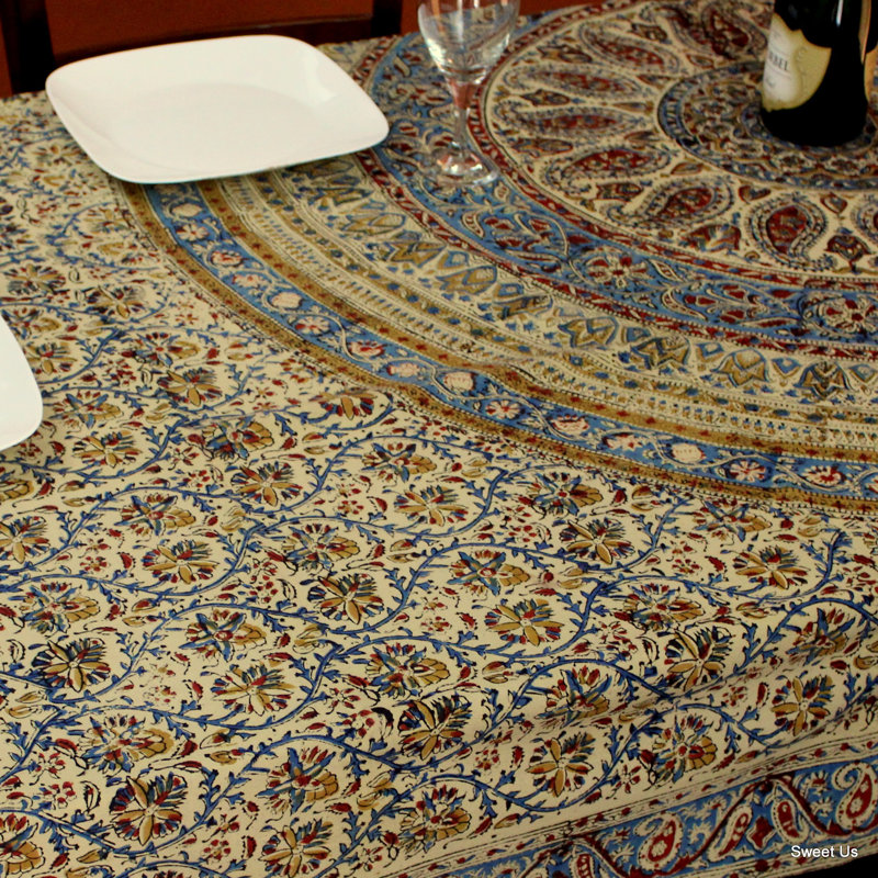 Nappe Kalamkari, 106 po carré, Bleu / rouge