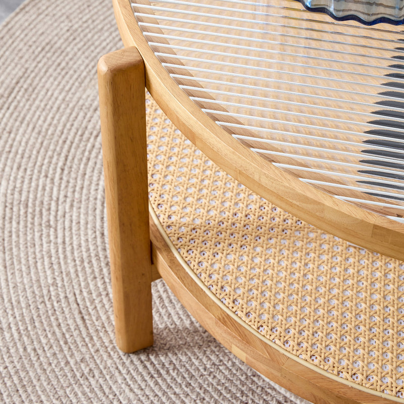 Élégante table d'appoint de salon en bois massif avec plateau tissé et transparent