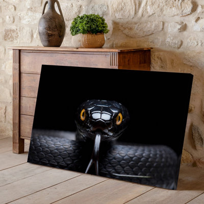 Canvas A Close Up Of A Sleek Black Snake Poised Against Wall Art A Dark Background Showcasing Its Intricate Scales That Glisten Subtly Canvas Wall Art
