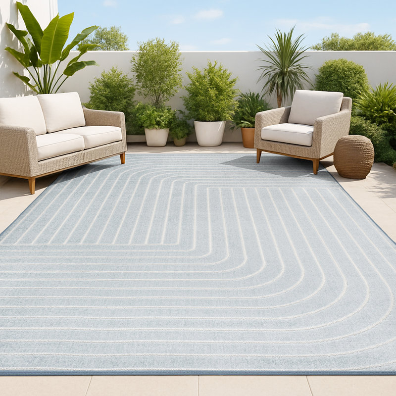 Anaceli High-Low Minimalist Angle Geometric Light Blue/Cream Indoor/Outdoor Rug, Rectangle 7'10" x 10'