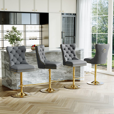 Velvet Swivel Bar Stools, Tufted Counter Height Chairs With Nailhead Trim And Back Pull Ring, Adjustable Upholstered Bar Stools