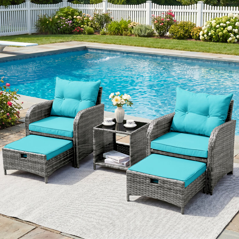 Constantino 2-Person Outdoor All-Weather Wicker Conversation Set with Ottomans and Tempered Glass Coffee Table