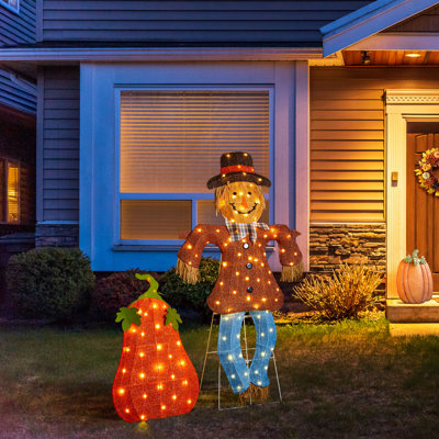 Ensemble de 2 décorations d'extérieur éclairées 2,5D épouvantail et citrouille avec lumières à DEL blanc chaud 80 L + 30 L (KD)