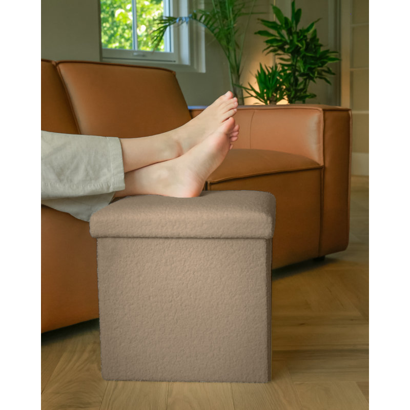 Go-Poufs Knock-Down Medium Cube Teddy Boucle Storage Ottoman | 15''x15''x15'' |, Tan Cotton Blend