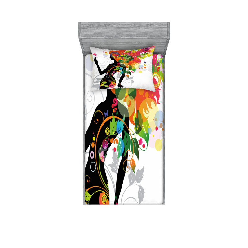 Multicolore drap-housse et coussin décoratif Ambesonne, Ensemble de draps pour lit simple + 5 pièces supp