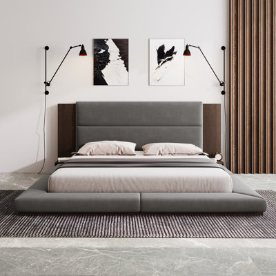 Lit plateforme moderne Oryss avec table de chevet intégrée et revêtement en velours