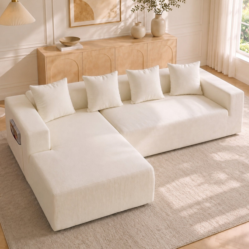 Modern Oversized 262cm Boneless Corner Sofa L-Shaped Chenille Sofa With Storage Pockets, Left Hand Facing, White