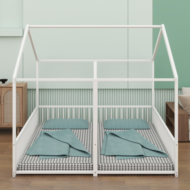 Metal House Platform Bed with Open Concept Design, White