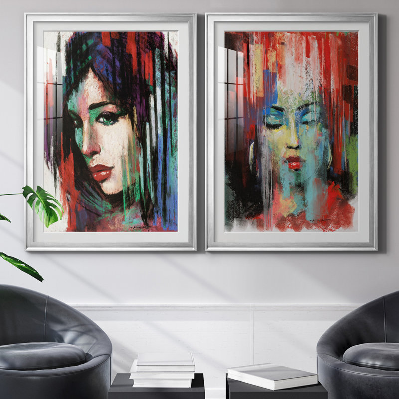 Pop Pastel II - ensemble de 2 reproductions d'art, H 26,5 po x l 73 po x P 1,5 po, Papier avec cadre argenté, Blanc