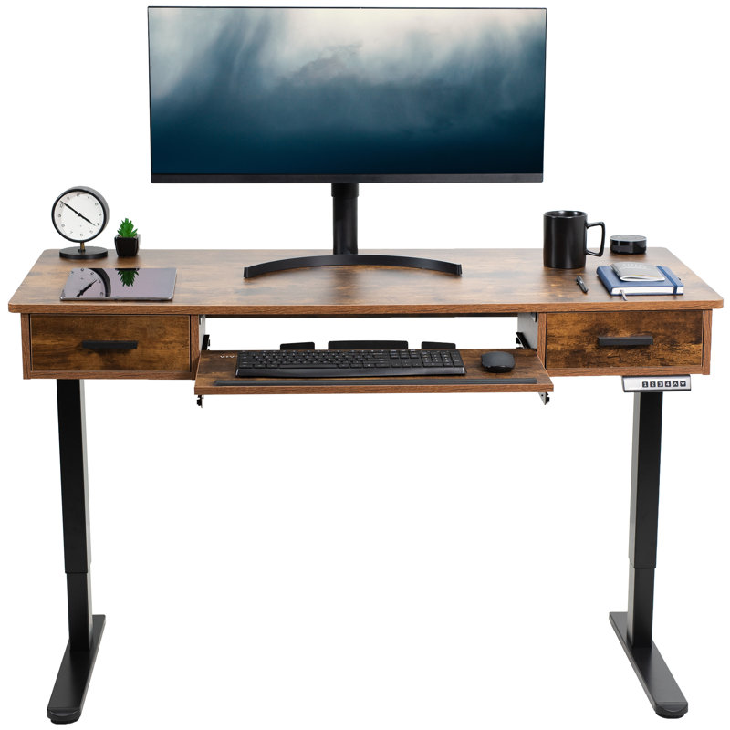 VIVO Electric 55” x 24” Desk with Rear-set Legs, Vintage Brown Top, RB5MN series, Black