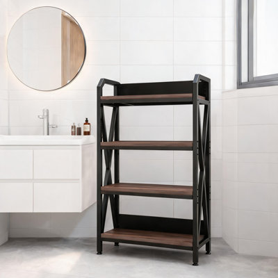 Contemporary Clean-Lined 4-Level Bakers Rack, Vertical Space-Saving Open Storage Shelves, Black-Toned Steel and Wood Construction