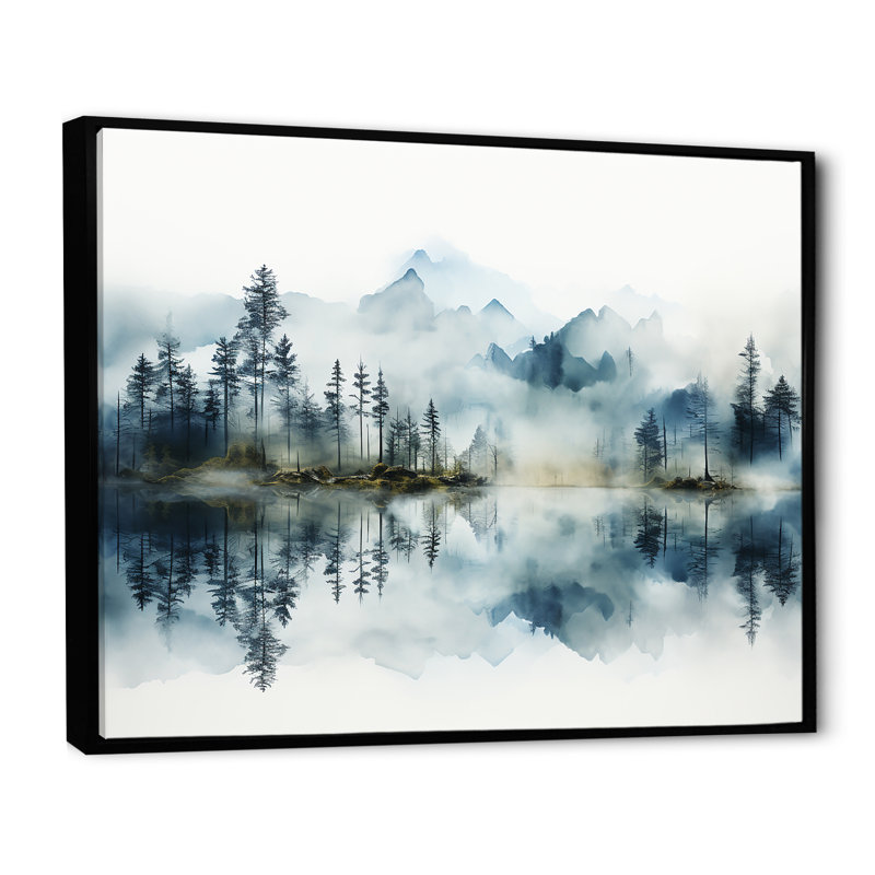 Double exposition de brouillard de montagne paradisiaque - Lake River, Cadre flottant noir, H 16 po x l 32 po x P 1 po