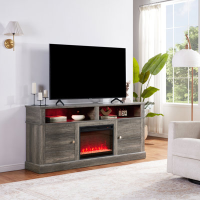 Lucifer 70"W Gray Walnut Finish TV Stand Console With Fireplace And Heater